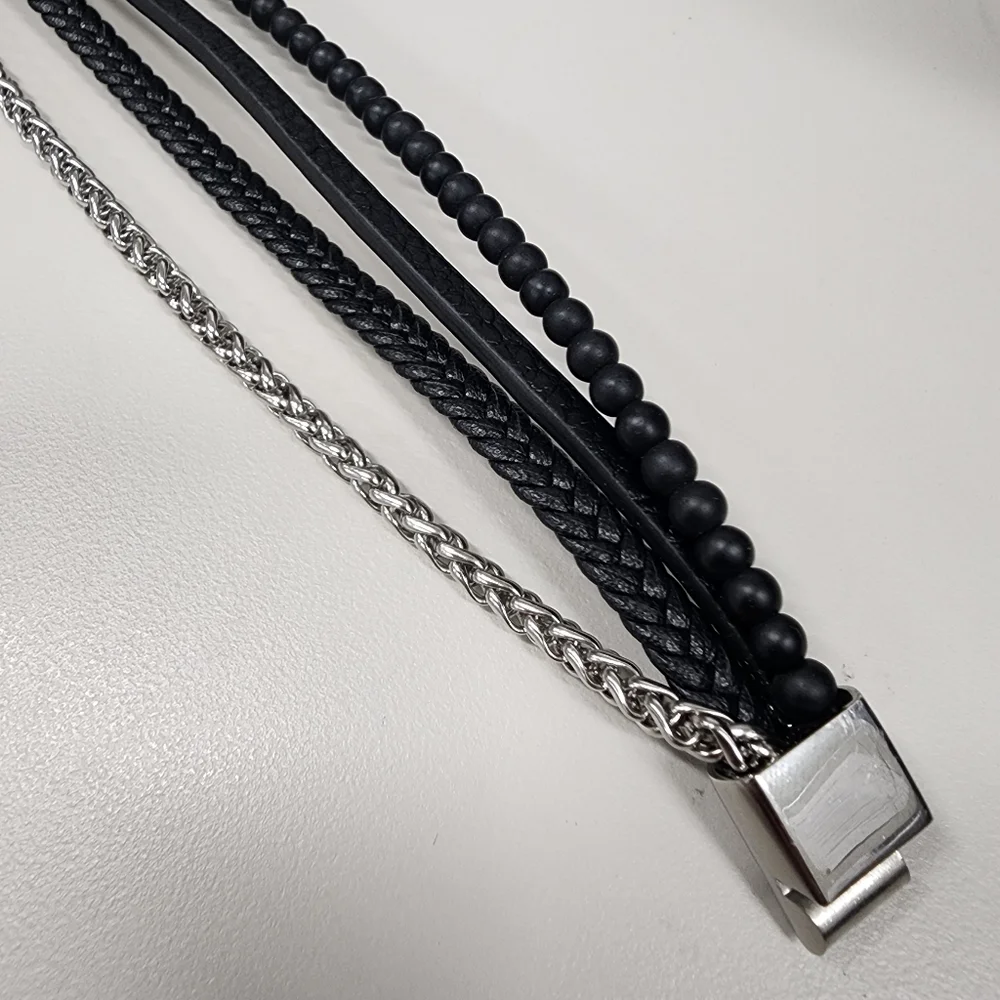 Multi-Strand Stainless Steel & Black Braided Beaded Faux Leather Bracelet Unisex